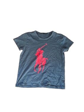 Ralph Lauren Y2K Navy Blue Cotton Tee with Red Logo polo Crew Neck Vintage L EUC